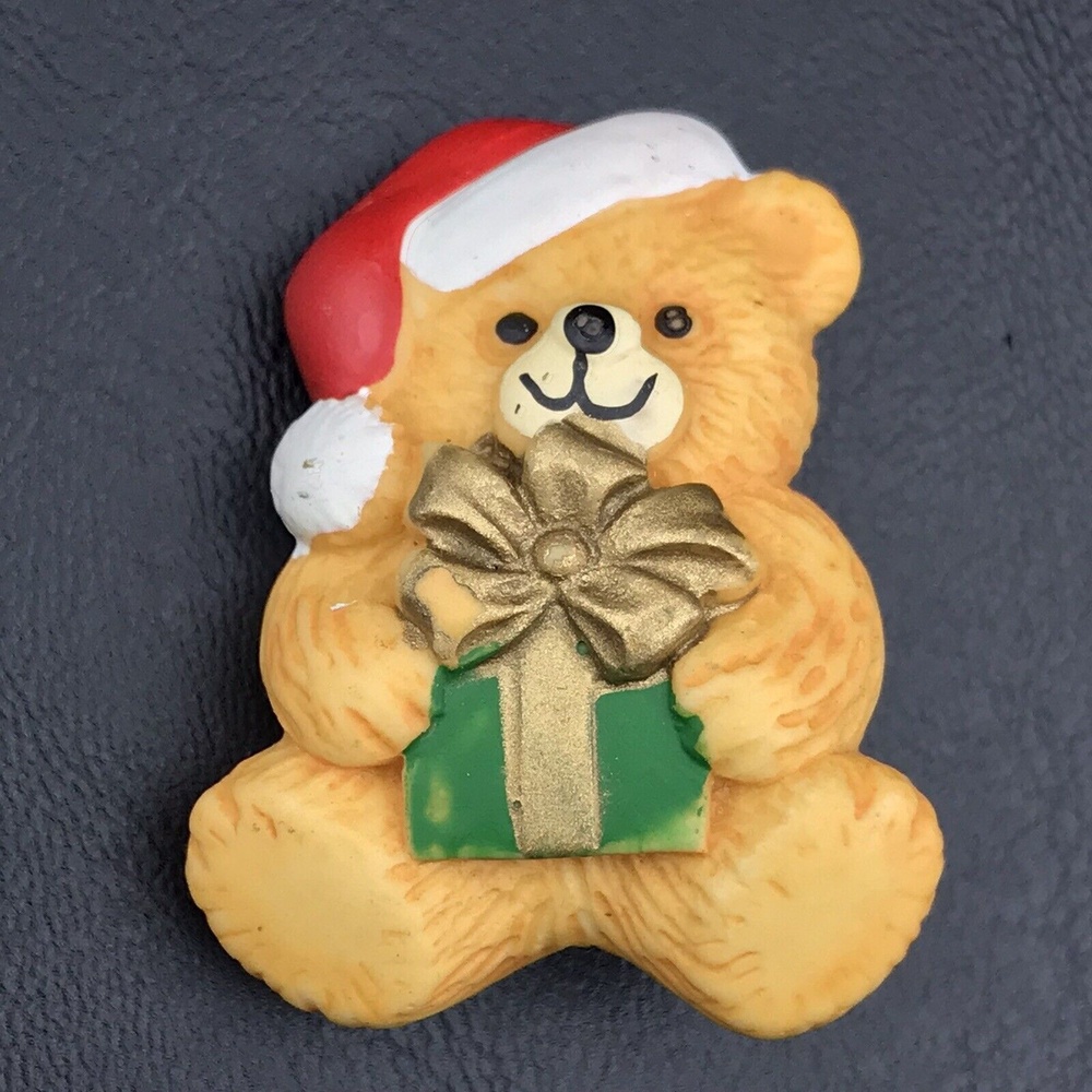 Vintage Christmas Bear Santa Hat Present Pin Resin Brooch Festive Holiday